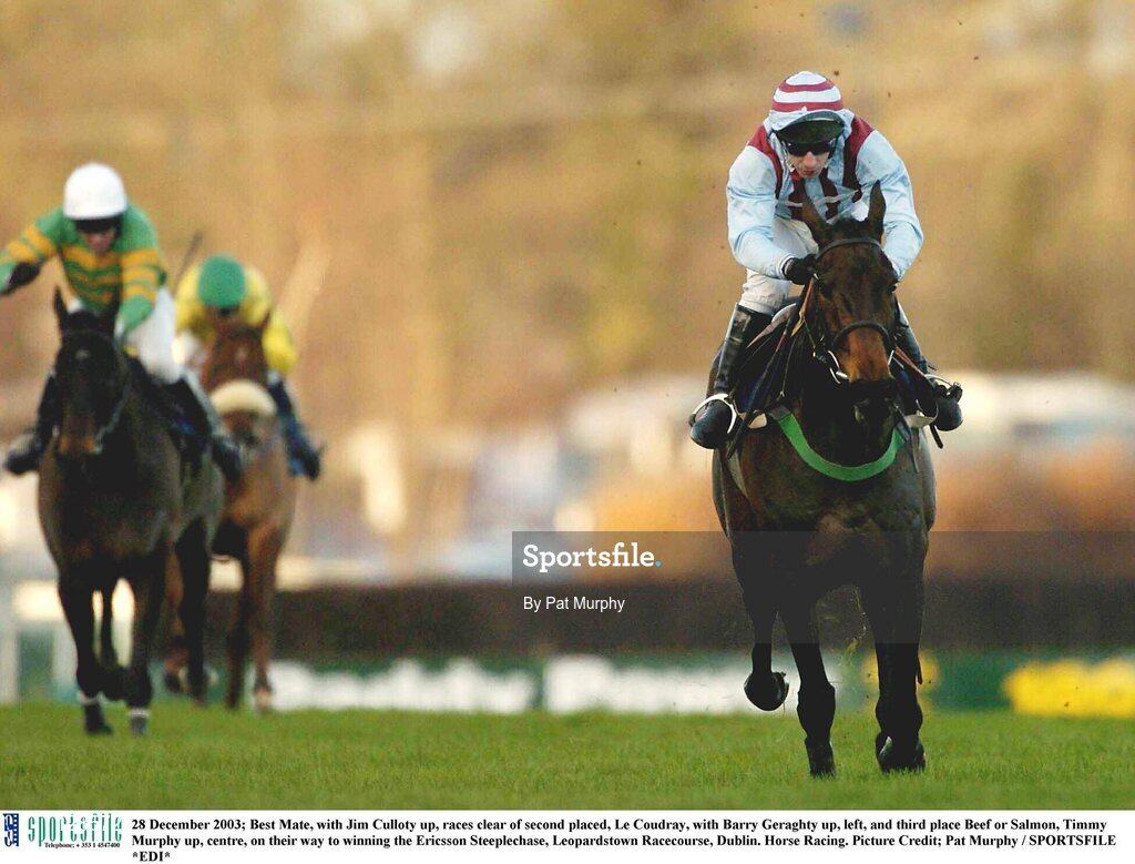 28 December 2003; Best Mate, with Jim Culloty up, races clear of second placed, Le Coudray, with Barry Geraghty up, left, and third place Beef or Salmon, Timmy Murphy up, centre, on their way to winning the Ericsson Steeplechase, Leopardstown Racecourse, Dublin. Horse Racing. Picture Credit; Pat Murphy / SPORTSFILE *EDI*