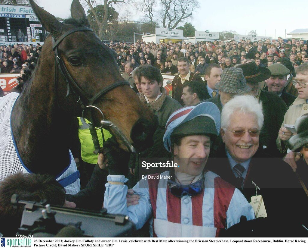 28 December 2003; Jockey Jim Culloty and owner Jim Lewis, celebrate with Best Mate after winning the Ericsson Steeplechase, Leopardstown Racecourse, Dublin. Horse Racing. Picture Credit; David Maher / SPORTSFILE *EDI*