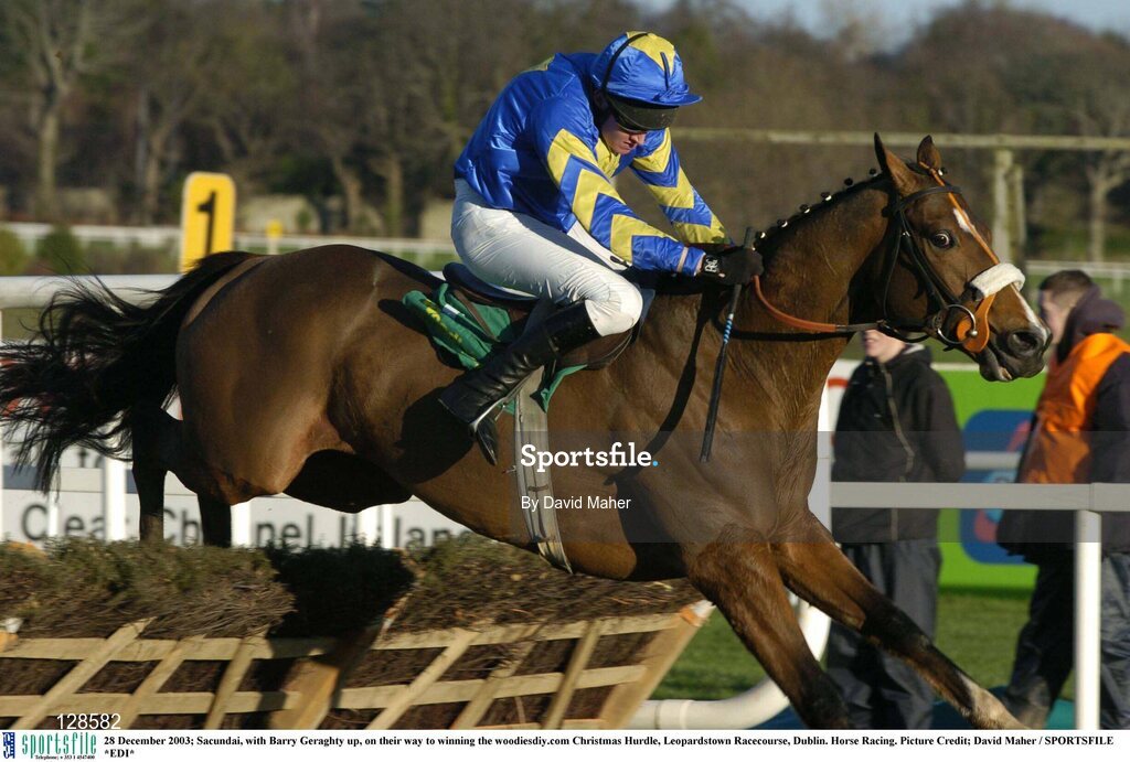 28 December 2003; Sacundai, with Barry Geraghty up, on their way to winning the woodiesdiy.com Christmas Hurdle, Leopardstown Racecourse, Dublin. Horse Racing. Picture Credit; David Maher / SPORTSFILE *EDI*