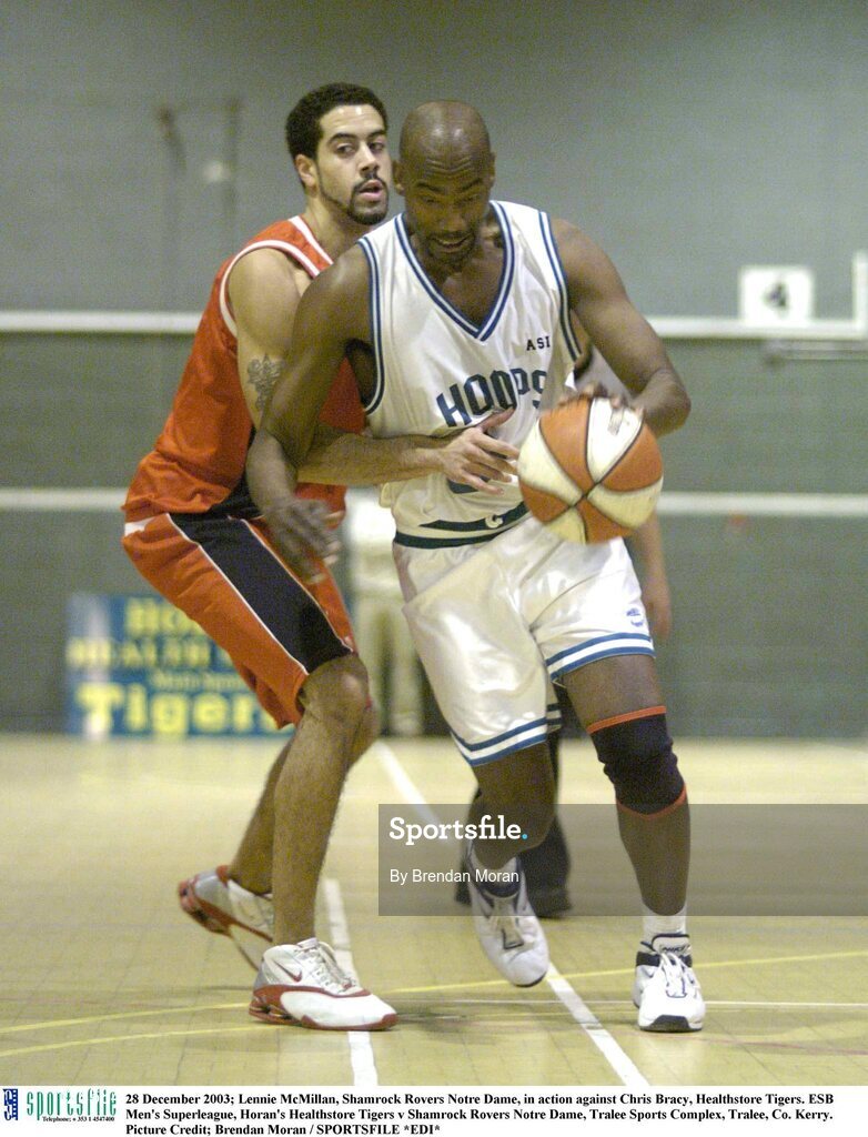 28 December 2003; Lennie McMillan, Shamrock Rovers Notre Dame, in action against Chris Bracy, Healthstore Tigers. ESB Men's Superleague, Horan's Healthstore Tigers v Shamrock Rovers Notre Dame, Tralee Sports Complex, Tralee, Co. Kerry. Picture Credit; Brendan Moran / SPORTSFILE *EDI*