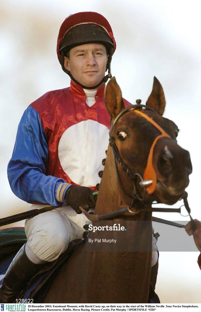 28 December 2003; Emotional Moment, with David Casey up, on their way to the start of the William Neville & Sons Novice Steeplechase, Leopardstown Racecourse, Dublin. Horse Racing. Picture Credit; Pat Murphy / SPORTSFILE *EDI*