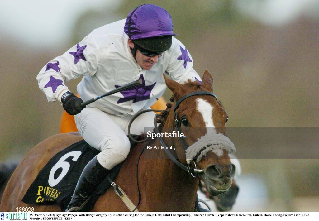 28 December 2003; Aye Aye Popeye, with Barry Geraghty up, in action during the the Powers Gold Label Championship Handicap Hurdle, Leopardstown Racecourse, Dublin. Horse Racing. Picture Credit; Pat Murphy / SPORTSFILE *EDI*
