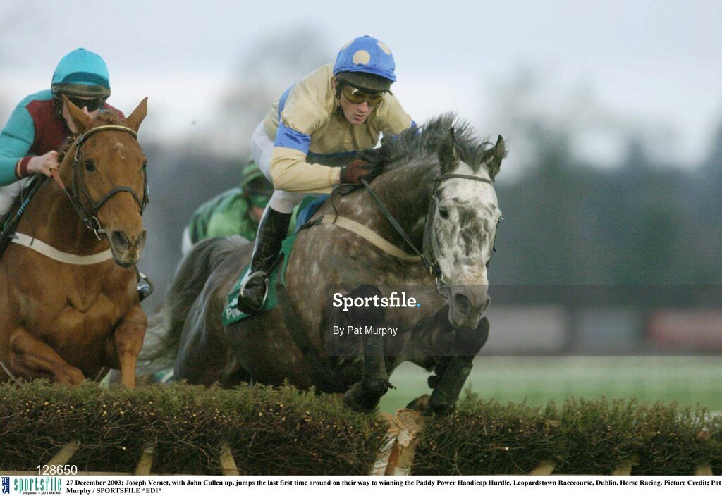 27 December 2003; Joseph Vernet, with John Cullen up, jumps the last first time around on their way to winning the Paddy Power Handicap Hurdle, Leopardstown Racecourse, Dublin. Horse Racing. Picture Credit; Pat Murphy / SPORTSFILE *EDI*