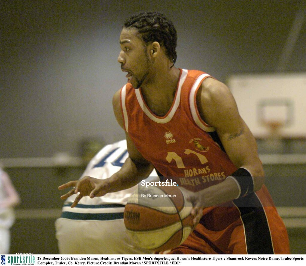 28 December 2003; Brandon Mason, Healthstore Tigers. ESB Men's Superleague, Horan's Healthstore Tigers v Shamrock Rovers Notre Dame, Tralee Sports Complex, Tralee, Co. Kerry. Picture Credit; Brendan Moran / SPORTSFILE *EDI*