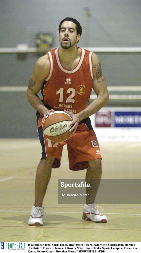 28 December 2003; Chris Bracy, Healthstore Tigers. ESB Men's Superleague, Horan's Healthstore Tigers v Shamrock Rovers Notre Dame, Tralee Sports Complex, Tralee, Co. Kerry. Picture Credit; Brendan Moran / SPORTSFILE *EDI*