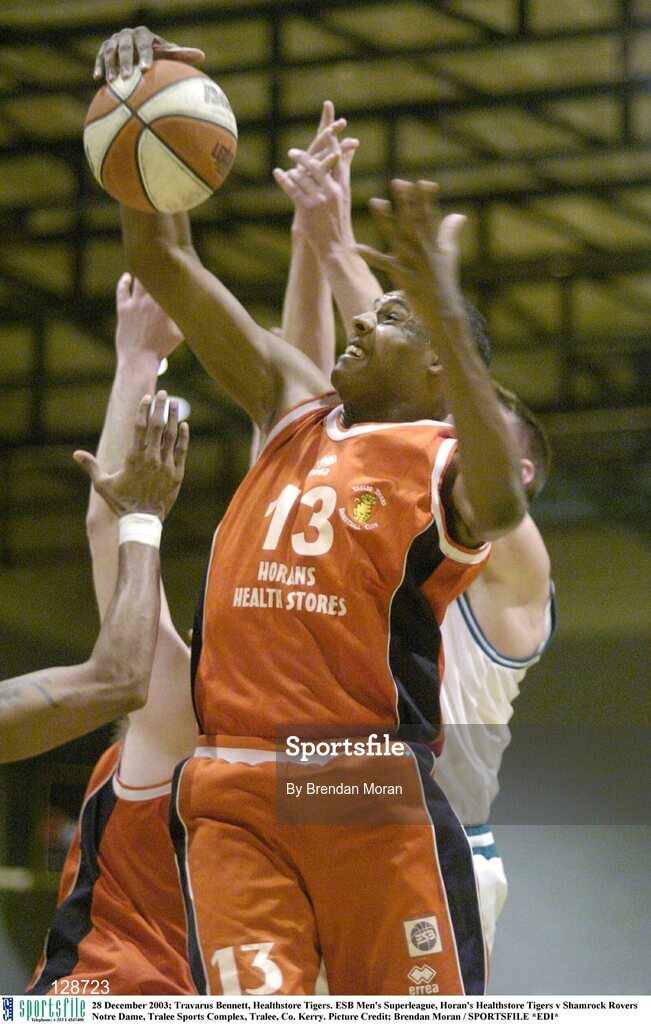 28 December 2003; Travarus Bennett, Healthstore Tigers. ESB Men's Superleague, Horan's Healthstore Tigers v Shamrock Rovers Notre Dame, Tralee Sports Complex, Tralee, Co. Kerry. Picture Credit; Brendan Moran / SPORTSFILE *EDI*