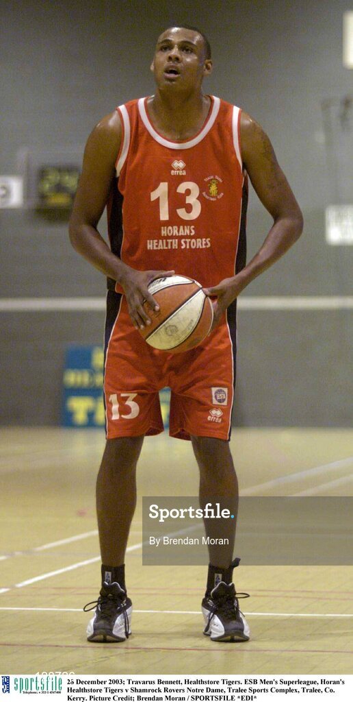 28 December 2003; Travarus Bennett, Healthstore Tigers. ESB Men's Superleague, Horan's Healthstore Tigers v Shamrock Rovers Notre Dame, Tralee Sports Complex, Tralee, Co. Kerry. Picture Credit; Brendan Moran / SPORTSFILE *EDI*