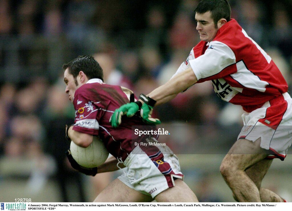 4 January 2004; Fergal Murray, Westmeath, in action against Mark McGeown, Louth. O'Byrne Cup, Westmeath v Louth, Cusack Park, Mullingar, Co. Westmeath. Picture credit; Ray McManus / SPORTSFILE *EDI*