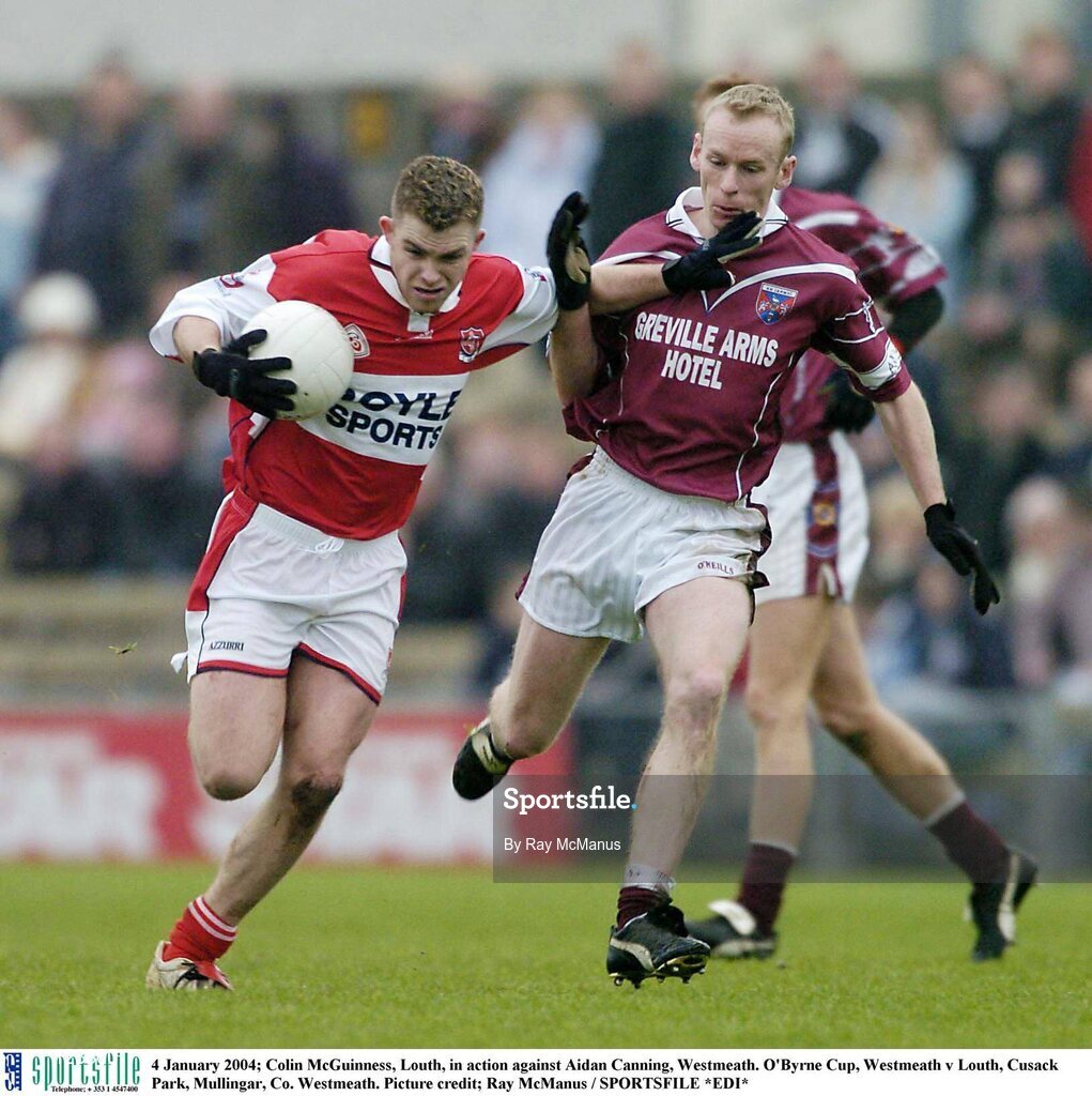 4 January 2004; Colin McGuinness, Louth, in action against Aidan Canning, Westmeath. O'Byrne Cup, Westmeath v Louth, Cusack Park, Mullingar, Co. Westmeath. Picture credit; Ray McManus / SPORTSFILE *EDI*