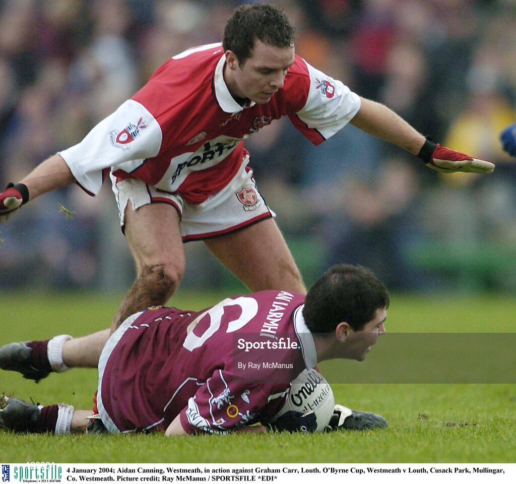 4 January 2004; Aidan Canning, Westmeath, in action against Graham Carr, Louth. O'Byrne Cup, Westmeath v Louth, Cusack Park, Mullingar, Co. Westmeath. Picture credit; Ray McManus / SPORTSFILE *EDI*