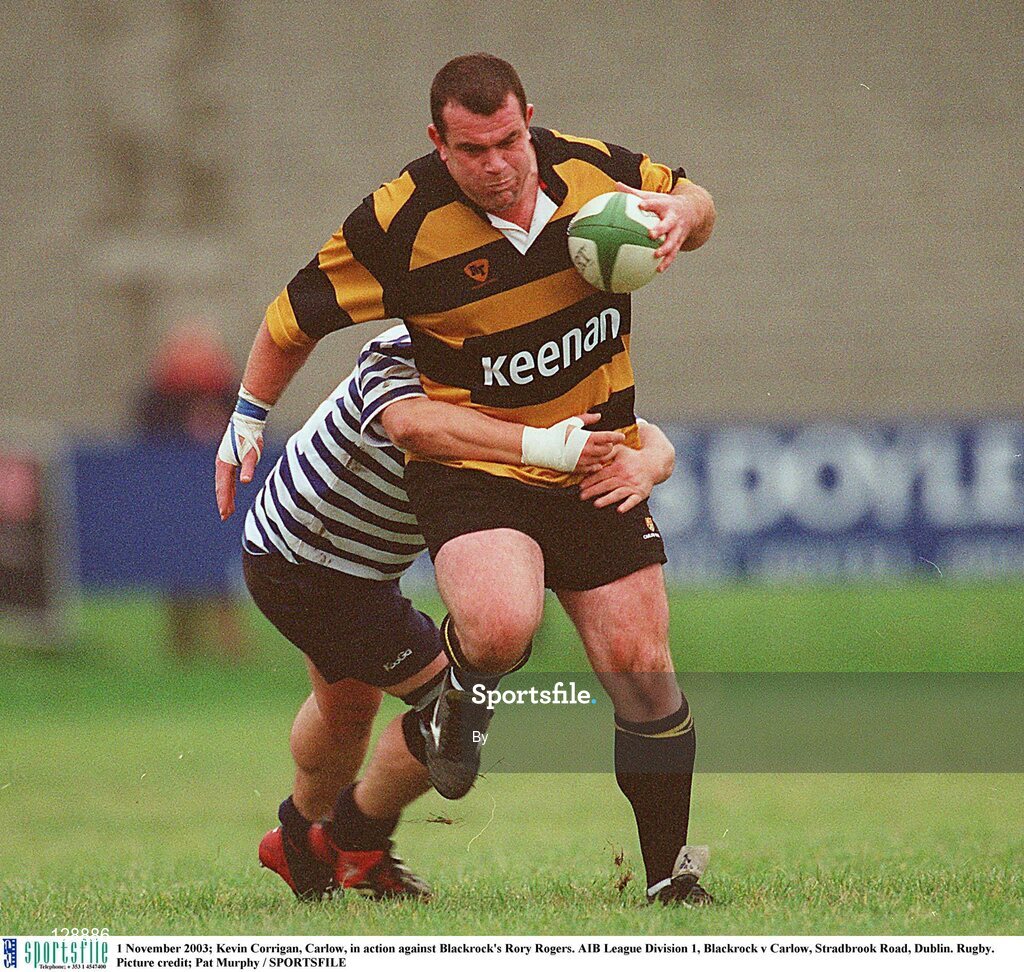 1 November 2003; Kevin Corrigan, Carlow, in action against Blackrock's Rory Rogers. AIB League Division 1, Blackrock v Carlow, Stradbrook Road, Dublin. Rugby. Picture credit; Pat Murphy / SPORTSFILE