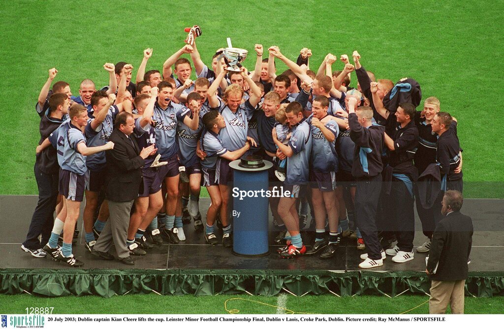 20 July 2003; Dublin captain Kian Cleere lifts the cup. Leinster Minor Football Championship Final, Dublin v Laois, Croke Park, Dublin. Picture credit; Ray McManus / SPORTSFILE