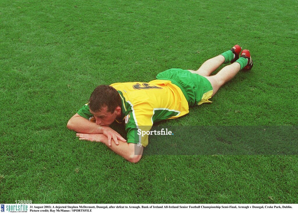 31 August 2003; A dejected Stephen McDermott, Donegal, after defeat to Armagh. Bank of Ireland All-Ireland Senior Football Championship Semi-Final, Armagh v Donegal, Croke Park, Dublin. Picture credit; Ray McManus / SPORTSFILE