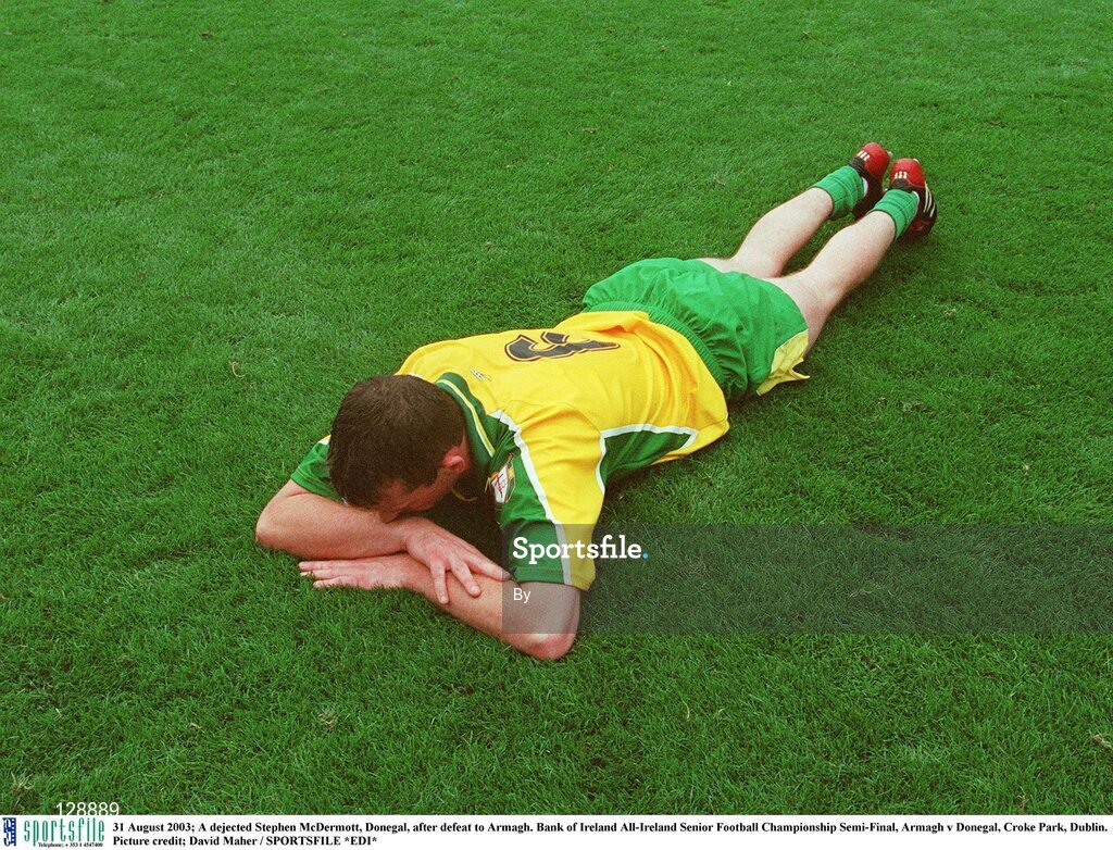 31 August 2003; A dejected Stephen McDermott, Donegal, after defeat to Armagh. Bank of Ireland All-Ireland Senior Football Championship Semi-Final, Armagh v Donegal, Croke Park, Dublin. Picture credit; David Maher / SPORTSFILE *EDI*
