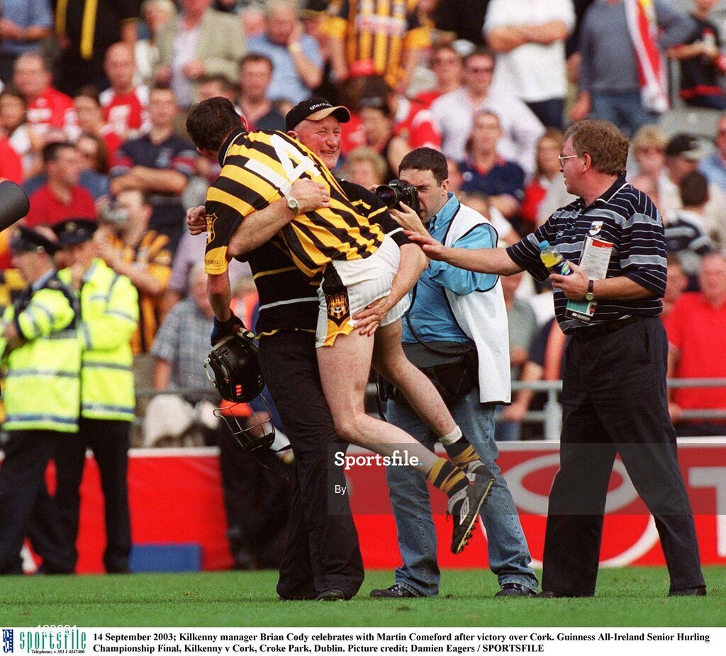 14 September 2003; Kilkenny manager Brian Cody celebrates with Martin Comeford after victory over Cork. Guinness All-Ireland Senior Hurling Championship Final, Kilkenny v Cork, Croke Park, Dublin. Picture credit; Damien Eagers / SPORTSFILE