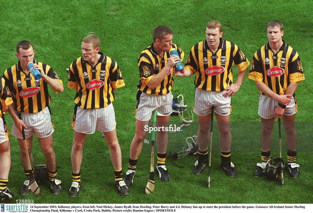 14 September 2003; Kilkenny players, from left, Noel Hickey, James Ryall, Sean Dowling, Peter Barry and J.J. Delaney line up to meet the president before the game. Guinness All-Ireland Senior Hurling Championship Final, Kilkenny v Cork, Croke Park, Dublin. Picture credit; Damien Eagers / SPORTSFILE
