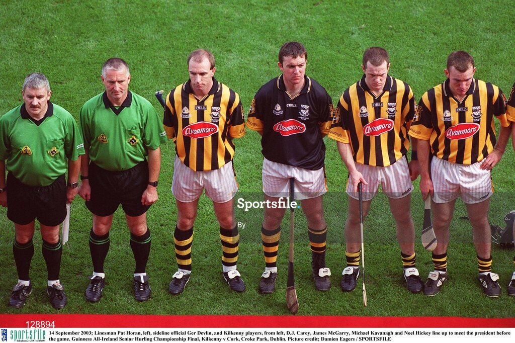 14 September 2003; Linesman Pat Horan, left, sideline official Ger Devlin, and Kilkenny players, from left, D.J. Carey, James McGarry, Michael Kavanagh and Noel Hickey line up to meet the president before the game. Guinness All-Ireland Senior Hurling Championship Final, Kilkenny v Cork, Croke Park, Dublin. Picture credit; Damien Eagers / SPORTSFILE