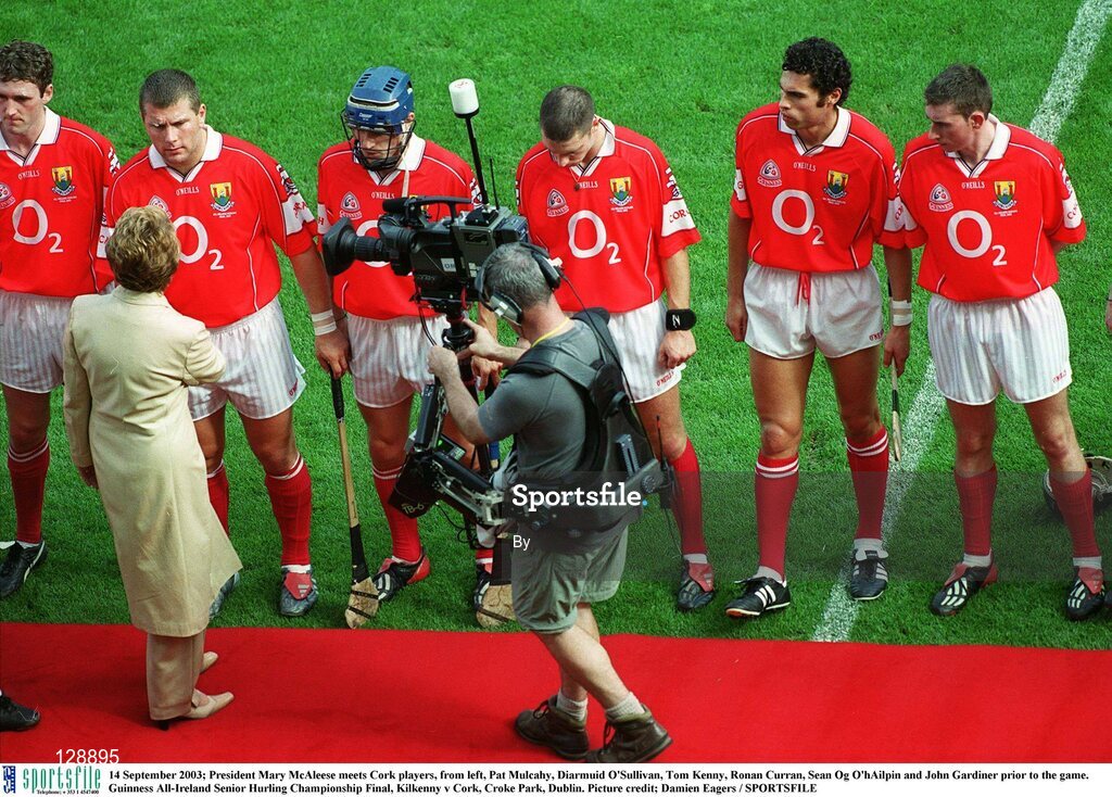 14 September 2003; President Mary McAleese meets Cork players, from left, Pat Mulcahy, Diarmuid O'Sullivan, Tom Kenny, Ronan Curran, Sean Og O'hAilpin and John Gardiner prior to the game. Guinness All-Ireland Senior Hurling Championship Final, Kilkenny v Cork, Croke Park, Dublin. Picture credit; Damien Eagers / SPORTSFILE