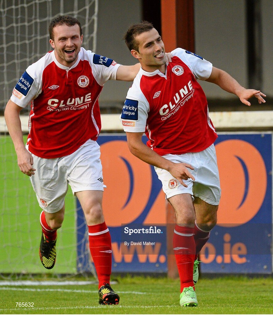 28 June 2013; St. Patrick’s Athletic's Christy Fagan, right, celebrates after scoring his side's first goal with team-mate Conan Byrne. Airtricity League Premier Division, St. Patrick’s Athletic v Bray Wanderers, Richmond Park, Dublin. Picture credit: David Maher / SPORTSFILE
