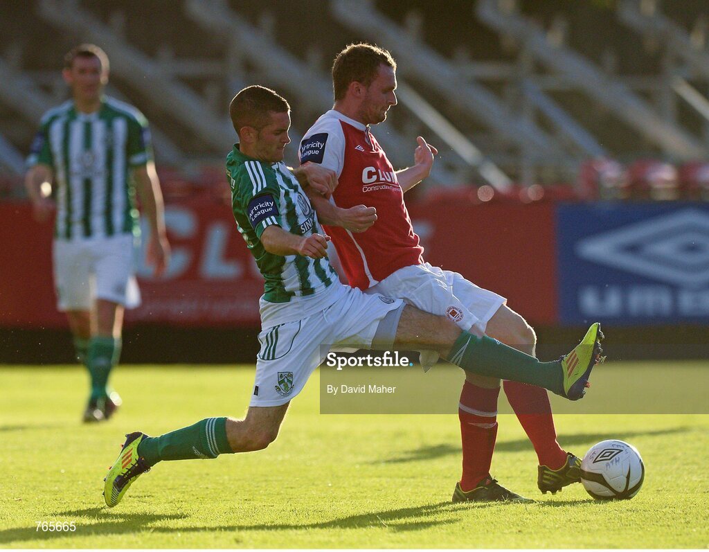 28 June 2013; Conan Byrne, St. Patrick’s Athletic, in action against Kieran Marty Waters, Bray Wanderers. Airtricity League Premier Division, St. Patrick’s Athletic v Bray Wanderers, Richmond Park, Dublin. Picture credit: David Maher / SPORTSFILE