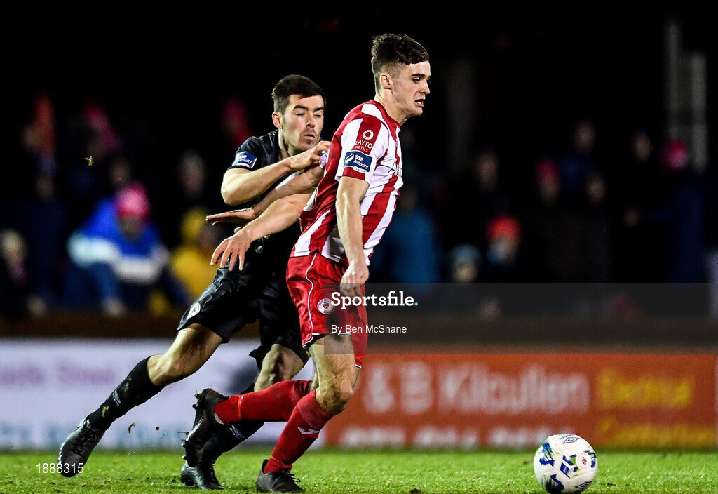 21 February 2020; Niall Morahan of Sligo Rovers and Lee Desmond of St Patrick's Athletic during the SSE Airtricity League Premier Division match between Sligo Rovers and St. Patrick's Athletic at The Showgrounds in Sligo. Photo by Ben McShane/Sportsfile