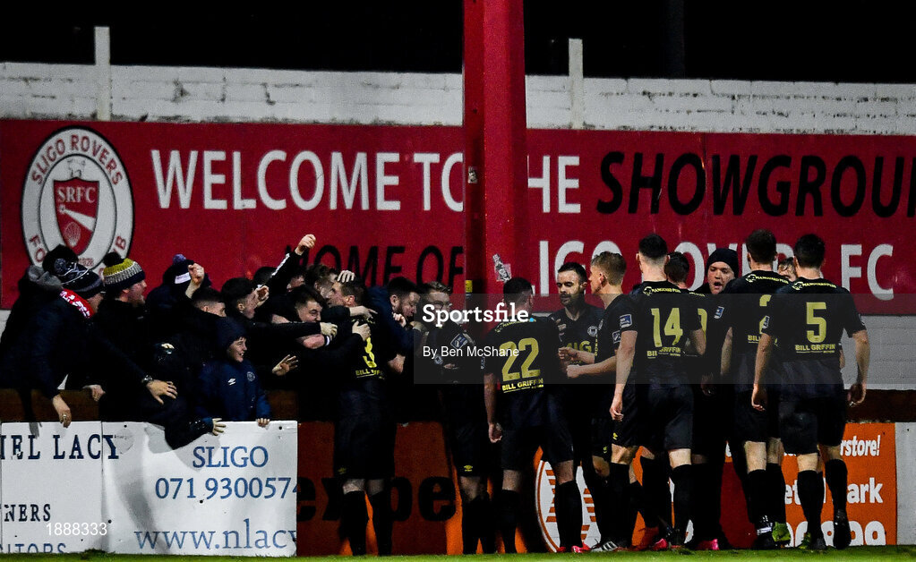 21 February 2020; St. Patrick's Athletic players and supporters celebrate after their side's first goal, scored by Ronan Hale, during the SSE Airtricity League Premier Division match between Sligo Rovers and St. Patrick's Athletic at The Showgrounds in Sligo. Photo by Ben McShane/Sportsfile