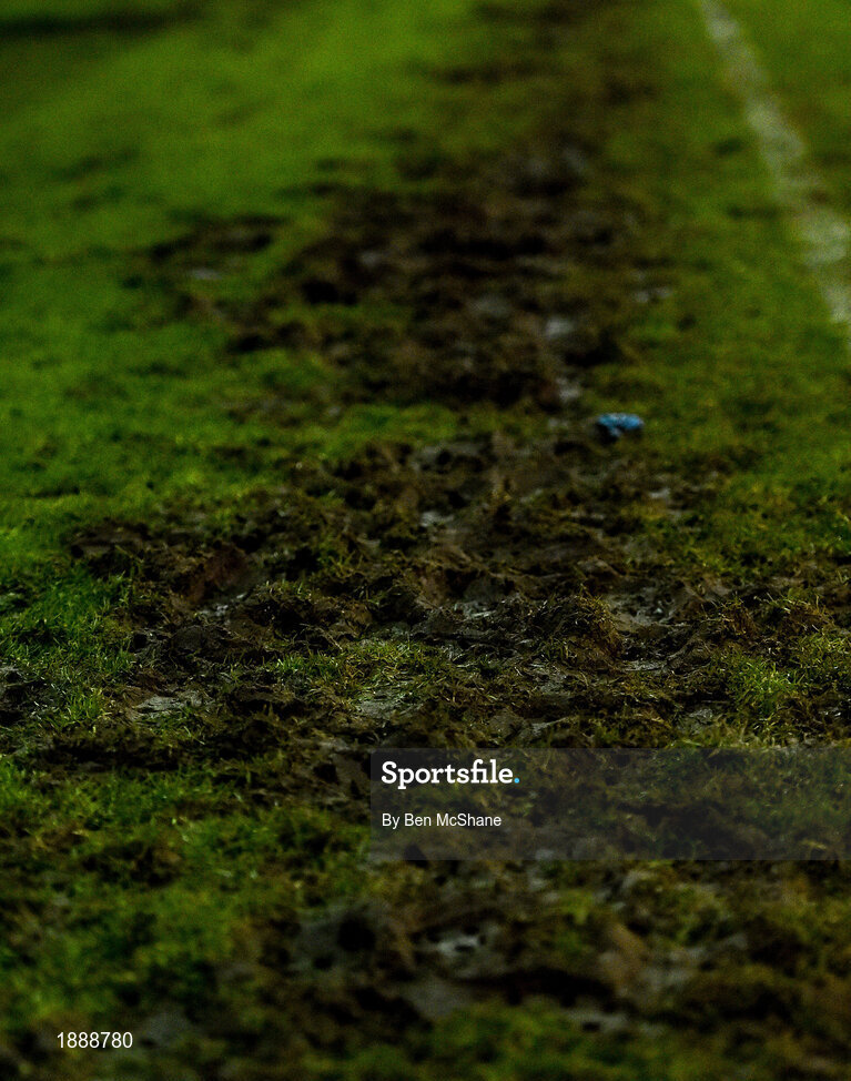 21 February 2020; A detailed view of the torn up pitch following the SSE Airtricity League Premier Division match between Sligo Rovers and St. Patrick's Athletic at The Showgrounds in Sligo. Photo by Ben McShane/Sportsfile