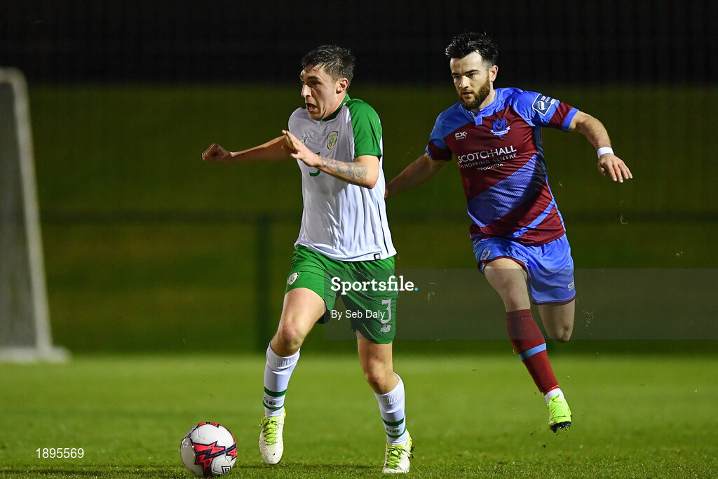 5 February 2019; Jack James of Republic of Ireland in action against Andrew Wixted of Drogheda United during the friendly match between Republic of Ireland U19 and Drogheda United at the FAI National Training Centre in Abbotstown, Dublin. Photo by Seb Daly/Sportsfile