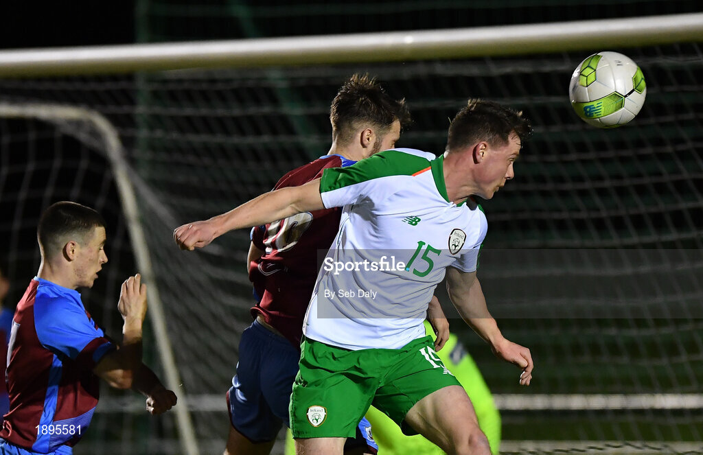 5 February 2019; Cian Murphy of Republic of Ireland in action against Can Kavanagh of Drogheda United during the friendly match between Republic of Ireland U19 and Drogheda United at the FAI National Training Centre in Abbotstown, Dublin. Photo by Seb Daly/Sportsfile