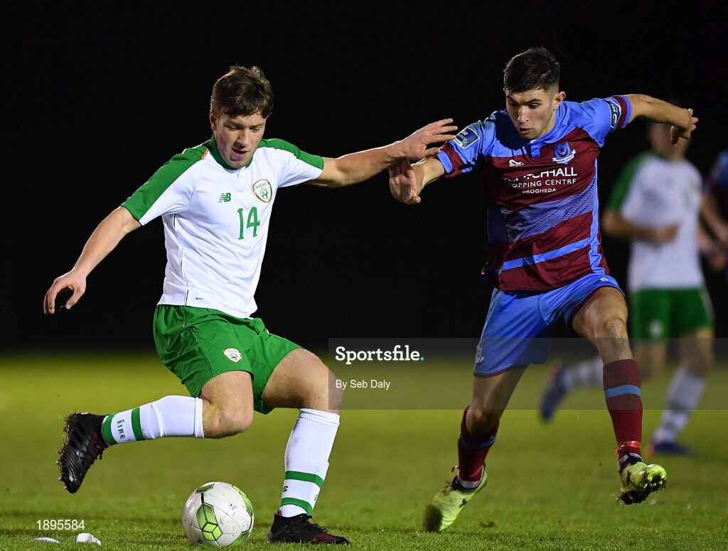 5 February 2019; Niall McGinley of Republic of Ireland in action against Luke Heeney of Drogheda United during the friendly match between Republic of Ireland U19 and Drogheda United at the FAI National Training Centre in Abbotstown, Dublin. Photo by Seb Daly/Sportsfile