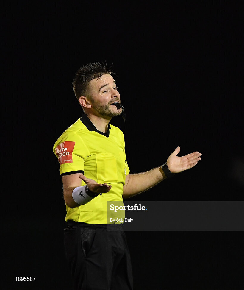 5 February 2019; Referee Mark Moynihan during the friendly match between Republic of Ireland U19 and Drogheda United at the FAI National Training Centre in Abbotstown, Dublin. Photo by Seb Daly/Sportsfile
