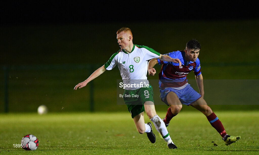 5 February 2019; Shane Farrell of Republic of Ireland in action against Luke Heeney of Drogheda United during the friendly match between Republic of Ireland U19 and Drogheda United at the FAI National Training Centre in Abbotstown, Dublin. Photo by Seb Daly/Sportsfile