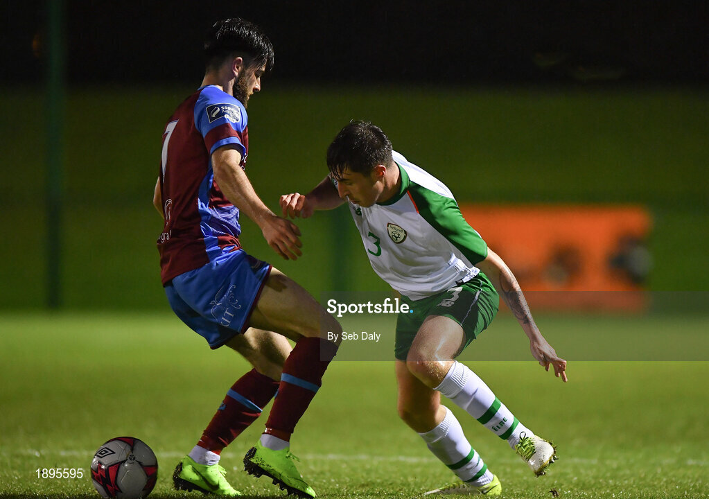 5 February 2019; Jack James of Republic of Ireland in action against Andrew Wixted of Drogheda United during the friendly match between Republic of Ireland U19 and Drogheda United at the FAI National Training Centre in Abbotstown, Dublin. Photo by Seb Daly/Sportsfile