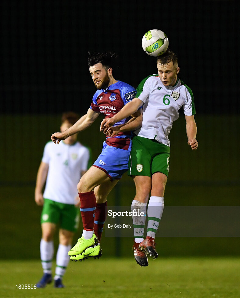5 February 2019; Dylan Thornton of Republic of Ireland in action against Andrew Wixted of Drogheda United during the friendly match between Republic of Ireland U19 and Drogheda United at the FAI National Training Centre in Abbotstown, Dublin. Photo by Seb Daly/Sportsfile