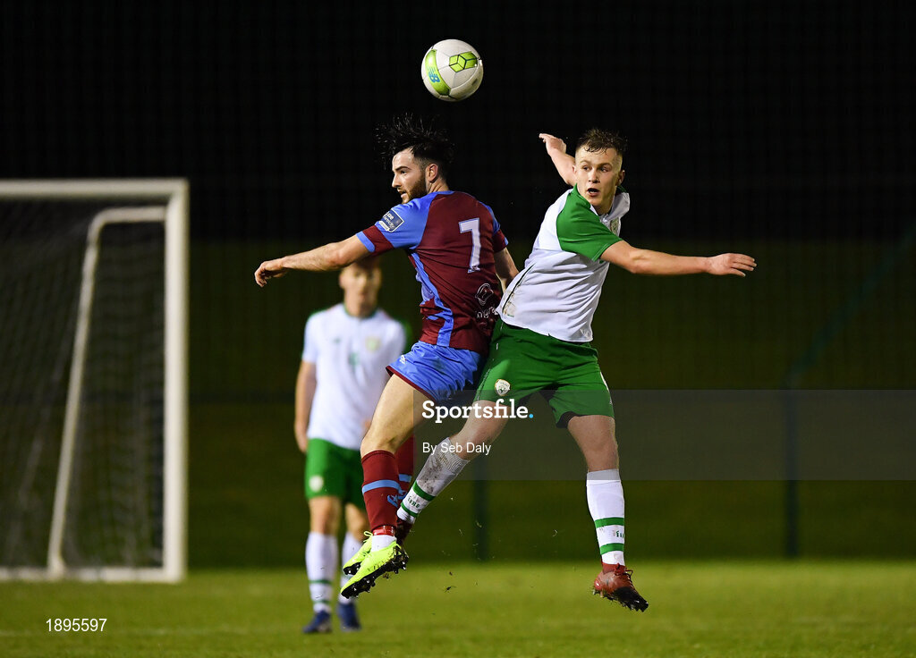 5 February 2019; Andrew Wixted of Drogheda United in action against Dylan Thornton of Republic of Ireland during the friendly match between Republic of Ireland U19 and Drogheda United at the FAI National Training Centre in Abbotstown, Dublin. Photo by Seb Daly/Sportsfile