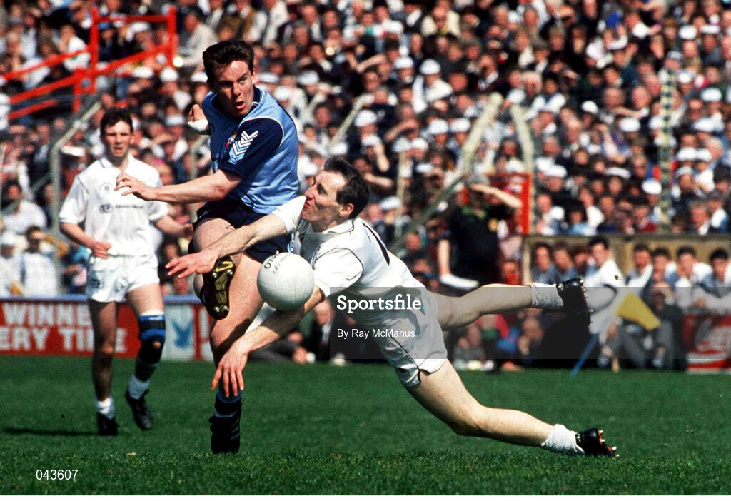 5 May 1991; Donal McCarthy of Dublin in action against Davy Dalton of Kildare during the Royal Liver National Football League Final match between Dublin and Kildare at Croke Park in Dublin. Photo by Ray McManus/Sportsfile