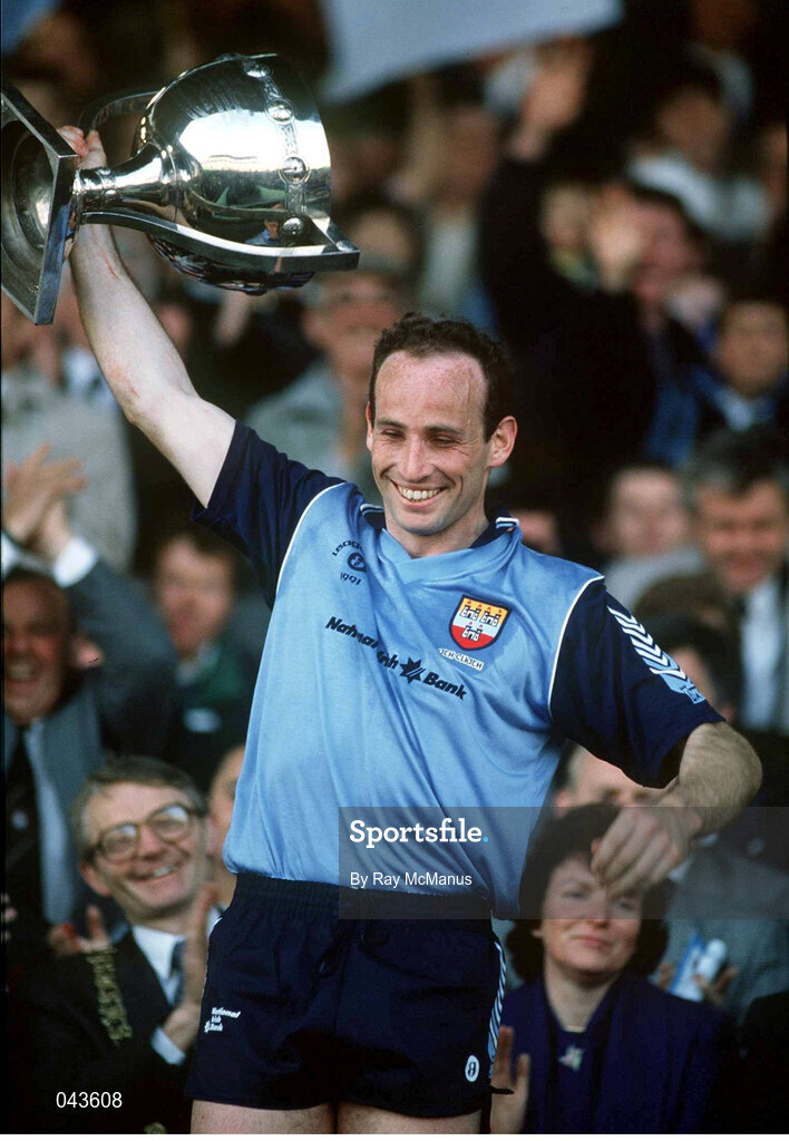 5 May 1991; Tommy Carr of Dublin lifts the cup following the Royal Liver National Football League Final match between Dublin and Kildare at Croke Park in Dublin. Photo by Ray McManus/Sportsfile