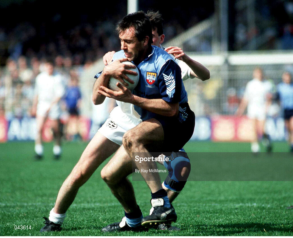5 May 1991; David Foran of Dublin in action against Martin Lynch of Kildare during the Royal Liver National Football League Final match between Dublin and Kildare at Croke Park in Dublin. Photo by Ray McManus/Sportsfile