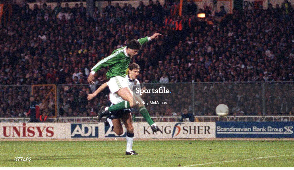 27 March 1991; Republic of Ireland's Niall Quinn scores a goal against England. England v Republic of Ireland, European Championship Qualifier, Wembley Stadium, London, England. Soccer. Picture credit; Ray McManus / SPORTSFILE