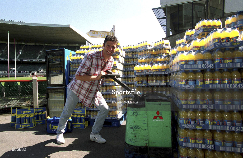 30 April 2002; Republic of Ireland International Niall Quinn pictured in Lansdowne Road when a consignment of Lucozade Sports stocks was dispatched to Japan and Korea in time for the World Cup run-up and games. Soccer. Photo by Ray McManus/Sportsfile