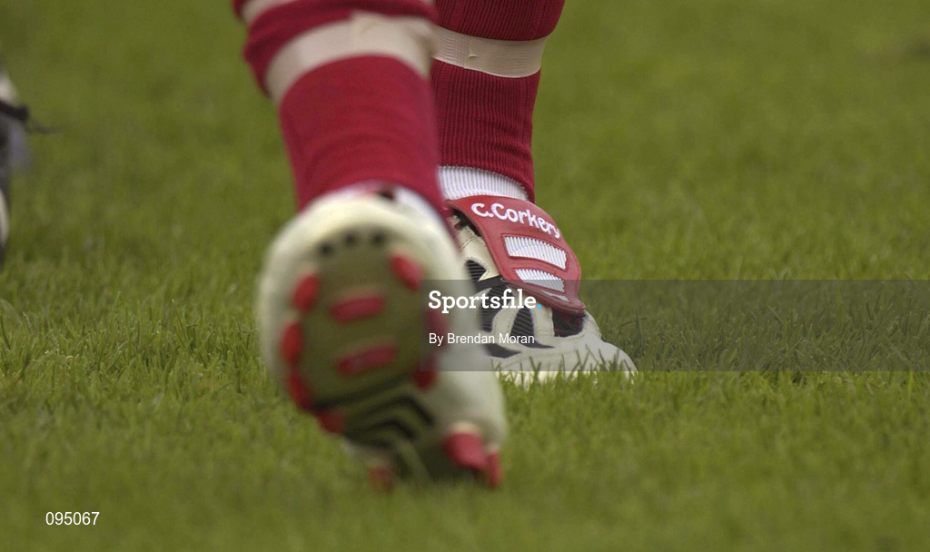 14 July 2002; Cork captain Colin Corkery wearing a pair of customised football boots bearing his name. Bank of Ireland Munster Football Final, Cork v Tipperary, Semple Stadium, Thurles, Co. Tipperary. Photo by Brendan Moran/Sportsfile