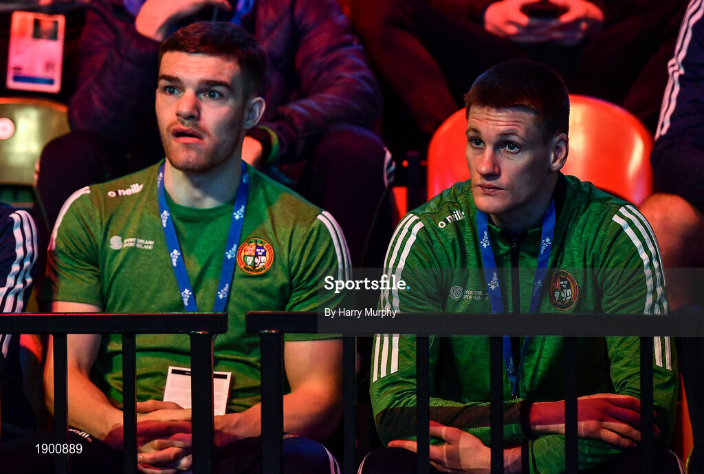 16 March 2020; Irish boxers Emmet Brennan, left, and George Bates during Day Three of the Road to Tokyo European Boxing Olympic Qualifying Event at Copper Box Arena in Queen Elizabeth Olympic Park, London, England. Photo by Harry Murphy/Sportsfile