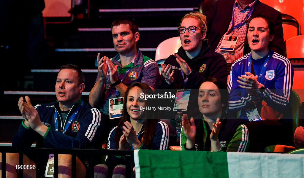 16 March 2020; The Irish team, including Kelly Harrington, right, cheer on Kurt Walker of Ireland ahead of his Men's Welterweight 57KG Preliminary round bout against Hamsat Shadalov of Germany on Day Three of the Road to Tokyo European Boxing Olympic Qualifying Event at Copper Box Arena in Queen Elizabeth Olympic Park, London, England. Photo by Harry Murphy/Sportsfile