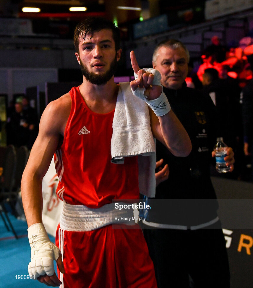 16 March 2020; Hamsat Shadalov of Germany celebrates his victory over Kurt Walker of Ireland following their Men's Welterweight 57KG Preliminary round bout on Day Three of the Road to Tokyo European Boxing Olympic Qualifying Event at Copper Box Arena in Queen Elizabeth Olympic Park, London, England. Photo by Harry Murphy/Sportsfile