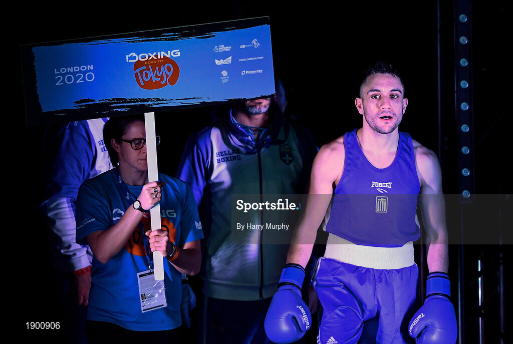 16 March 2020; Dionysos Pefanis of Greece makes his way to the ring ahead of his Men's Welterweight 69KG Preliminary round bout against Eric Tudor of Romania on Day Three of the Road to Tokyo European Boxing Olympic Qualifying Event at Copper Box Arena in Queen Elizabeth Olympic Park, London, England. Photo by Harry Murphy/Sportsfile