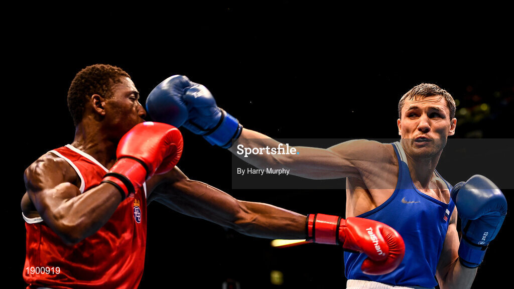 16 March 2020; Youba Sissokho Ndiaye of Spain, left, and Andrei Zamkovoi of Russia during their Men's Welterweight 69KG Preliminary round bout on Day Three of the Road to Tokyo European Boxing Olympic Qualifying Event at Copper Box Arena in Queen Elizabeth Olympic Park, London, England. Photo by Harry Murphy/Sportsfile