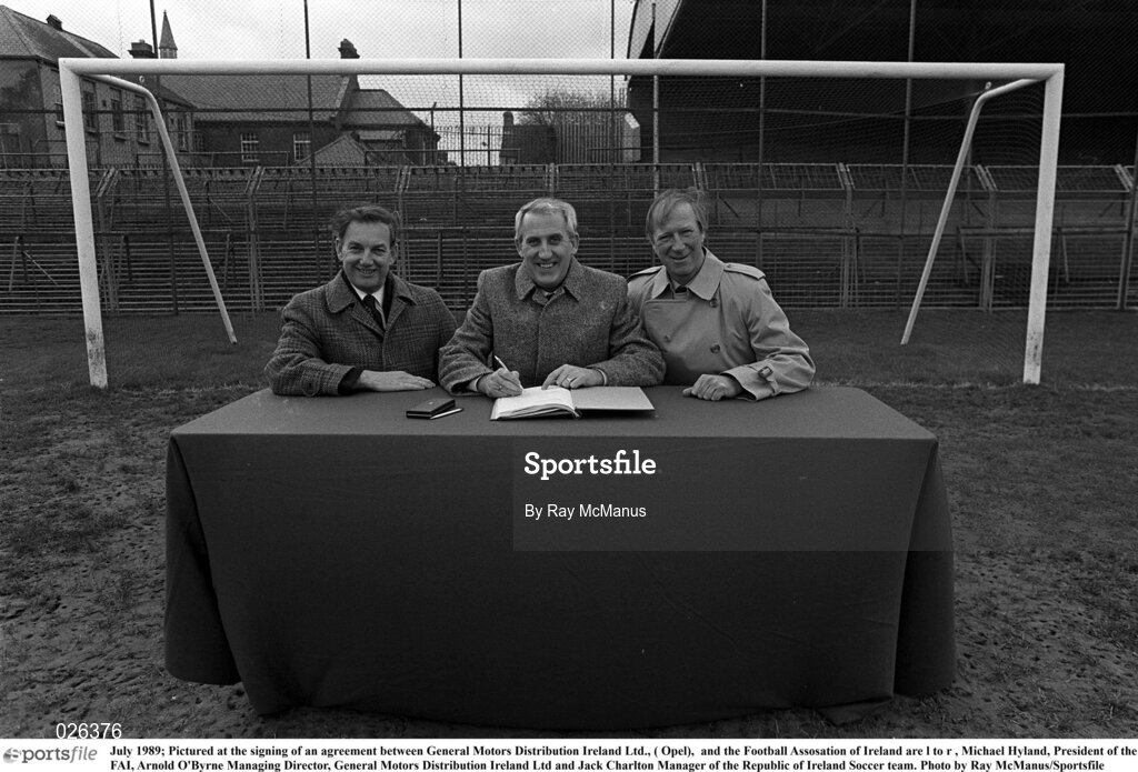 July 1989; Pictured at the signing of an agreement between General Motors Distribution Ireland Ltd., ( Opel),  and the Football Assosation of Ireland are l to r , Michael Hyland, President of the FAI, Arnold O'Byrne Managing Director, General Motors Distribution Ireland Ltd and Jack Charlton Manager of the Republic of Ireland Soccer team. Photo by Ray McManus/Sportsfile