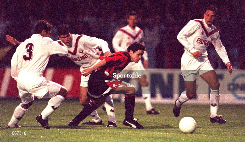 14 September 1993; Tommy Fitzgerald of Bohemians in action against Zinedine Zidane, centre, and Bixente Lizarazu, 3, of Bordeaux during the UEFA Cup First Round 1st Leg between Bohemians and Bordeaux at Dalymount Park in Dublin. Photo by David Maher/Sportsfile