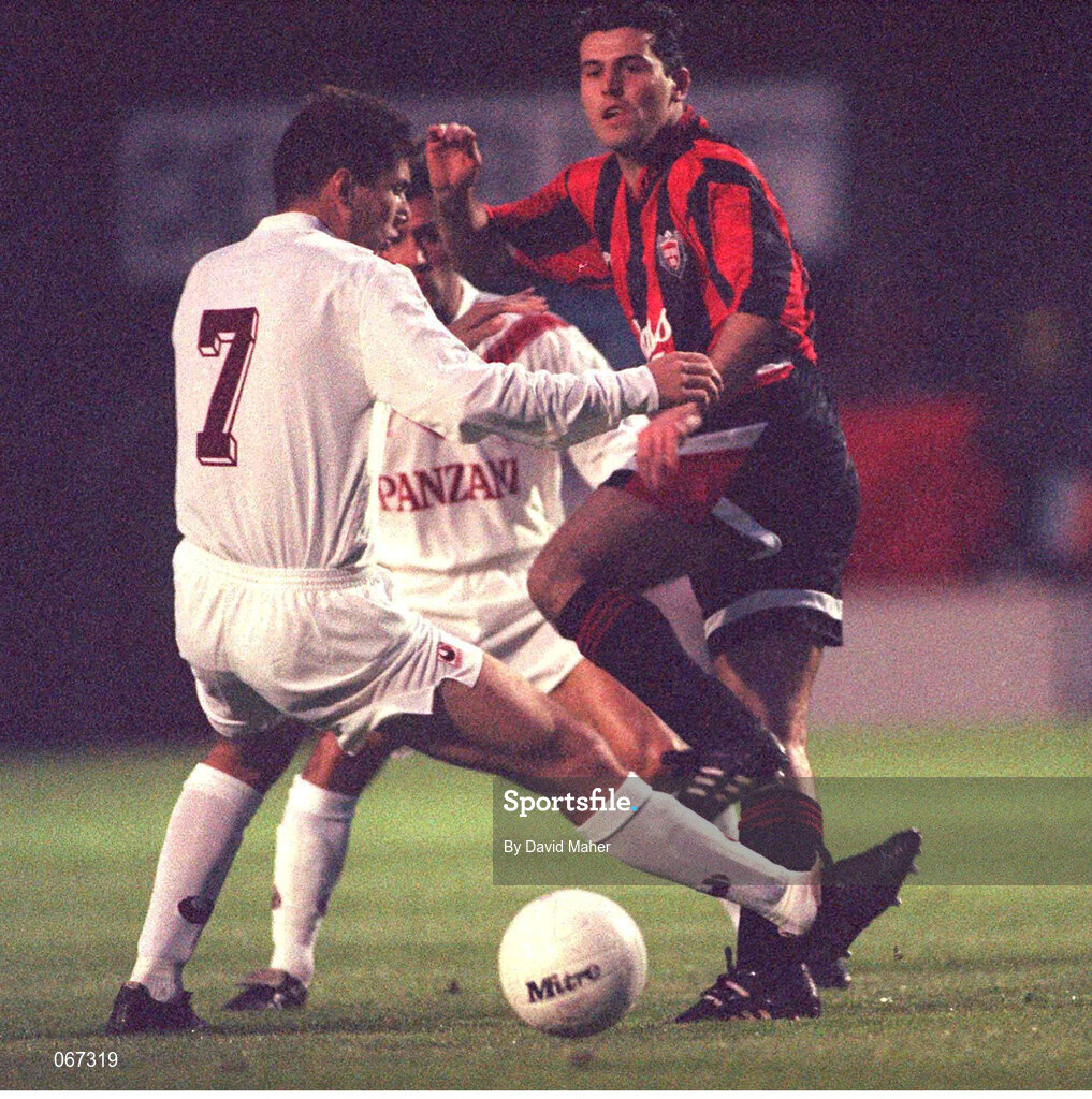 14 September 1993; Tony Cousins of Bohemians in action against Zinedine Zidane of Bordeaux during the UEFA Cup First Round 1st Leg between Bohemians and Bordeaux at Dalymount Park in Dublin. Photo by David Maher/Sportsfile