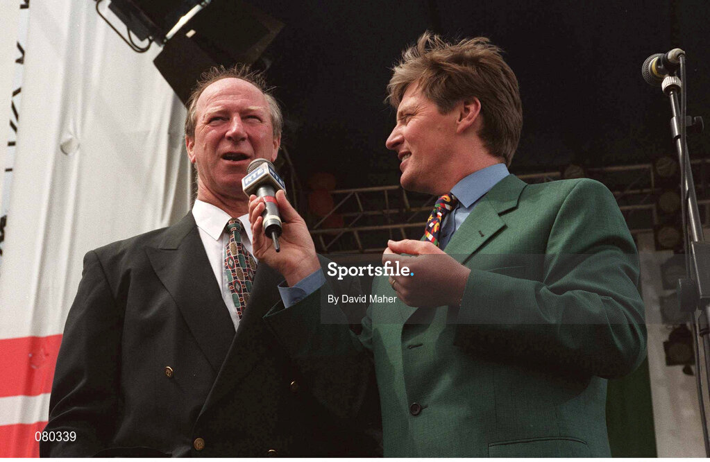 7 July 1994; Jack Charlton is interviewed by broadcaster Pat Kenny in the Phoenix Park when the Republic of Ireland team returned from the 1994 World Cup in the USA. Photo by David Maher/Sportsfile